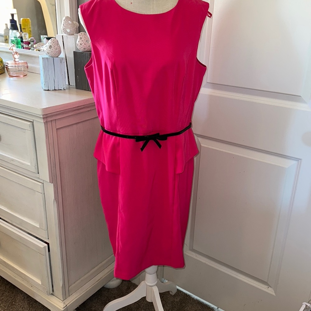 Size 14 Fuschia dress with Black patent belt EUC Retro 50’s style